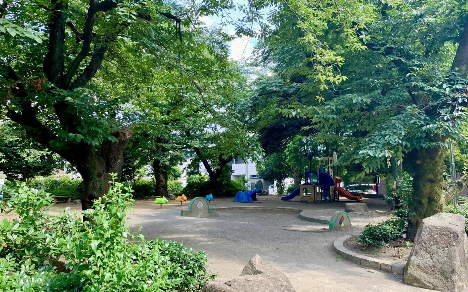 木々に包まれた調公園の広場