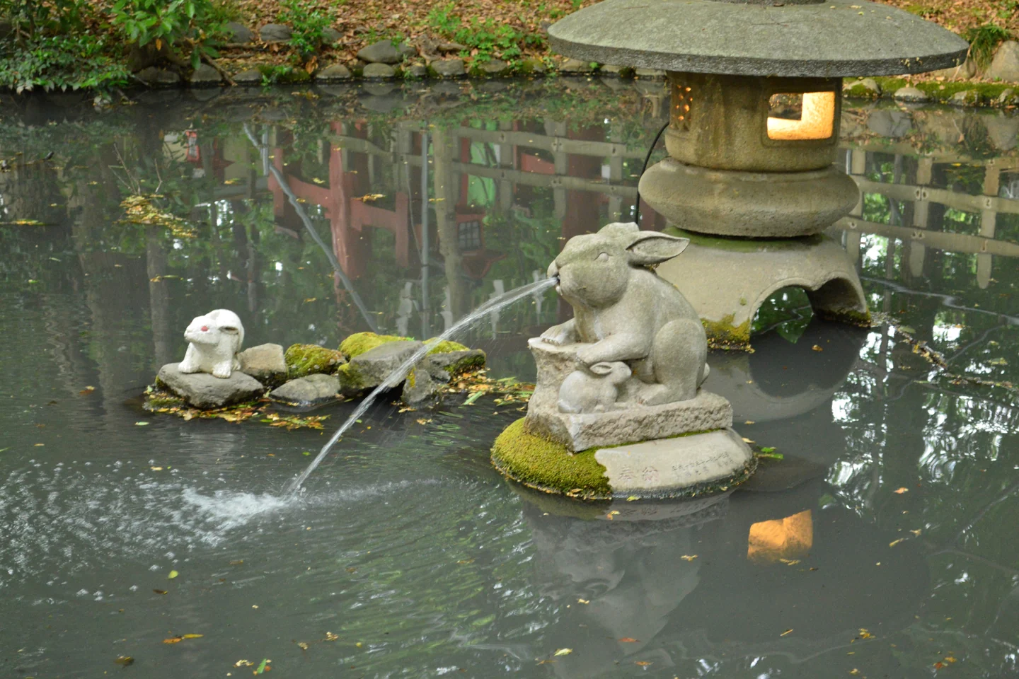 調神社の神池と兎の像